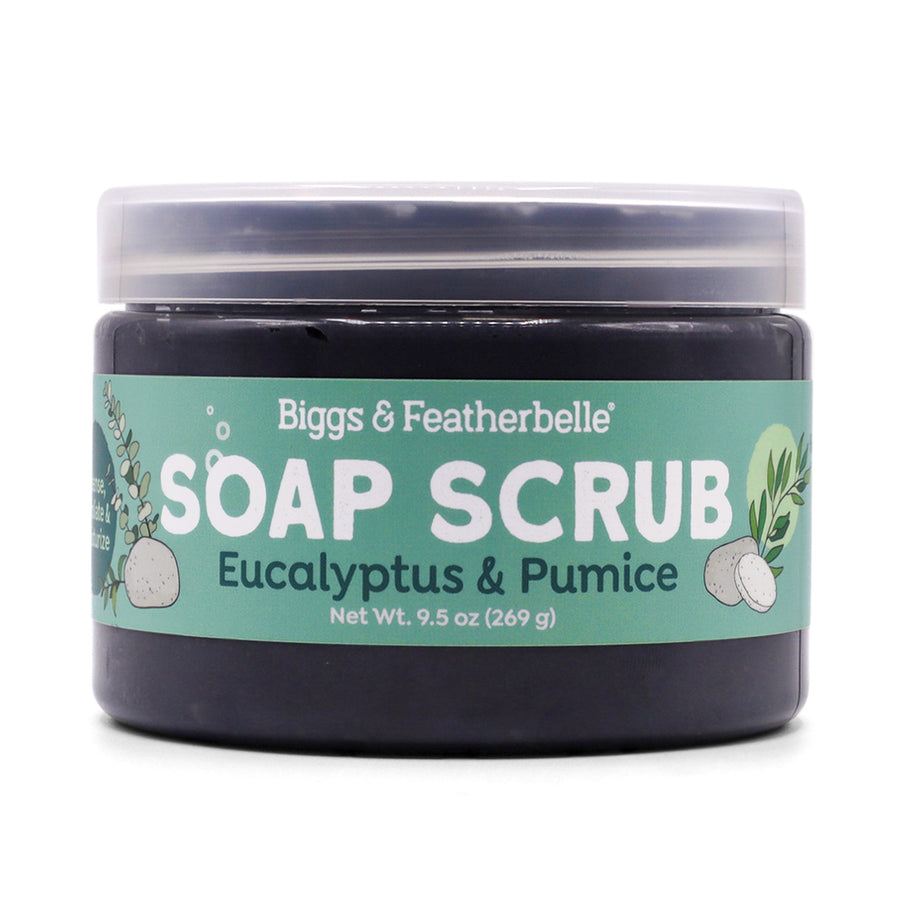 Jar of Biggs & Featherbelle Soap Scrub with Eucalyptus & Pumice on a white background