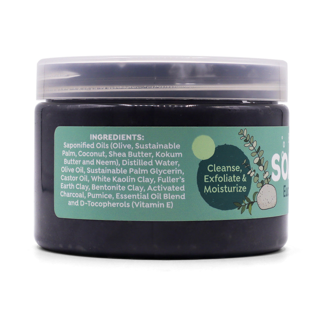 Side of Biggs & Featherbelle Soap Scrub with Eucalyptus & Pumice on a white background