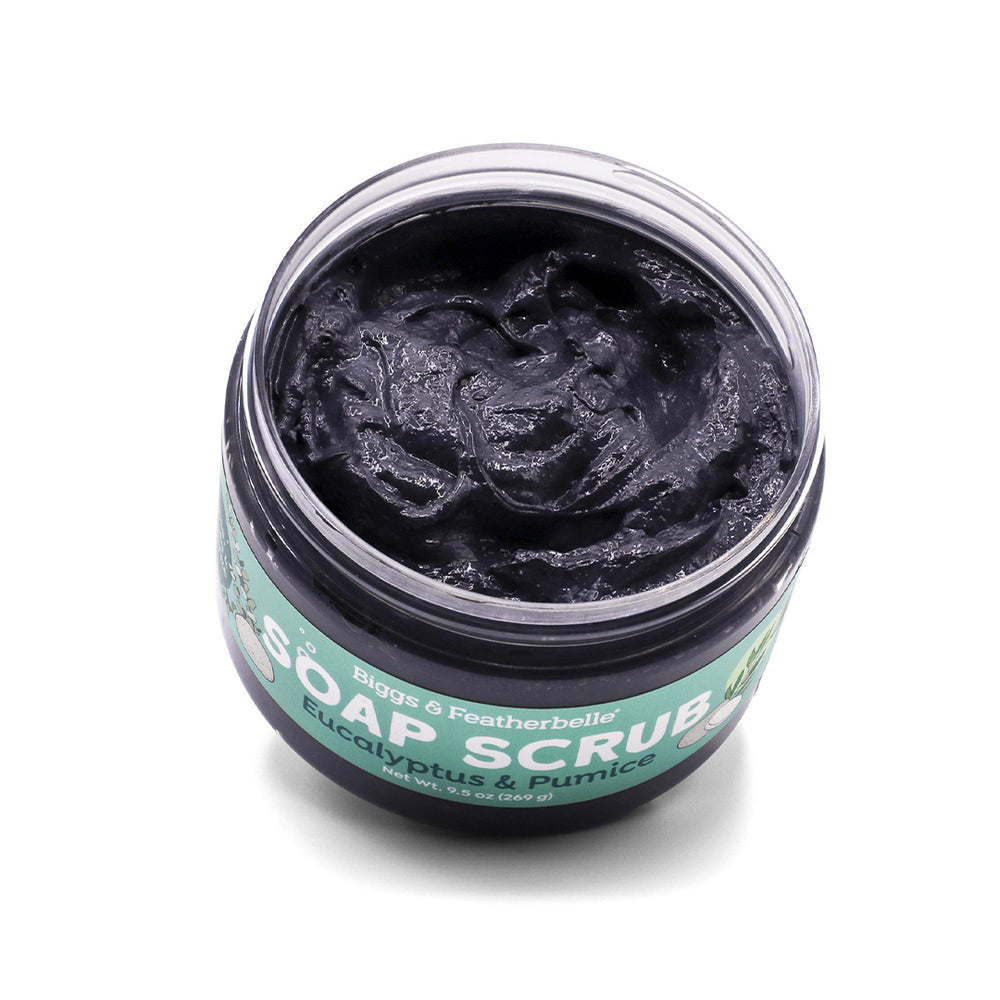 Opened jar of Biggs & Featherbelle Soap Scrub on a white background