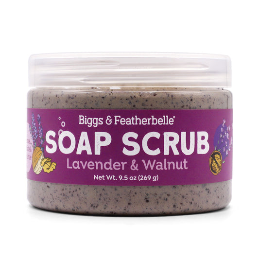 Jar of Lavender & Walnut Soap Scrub with purple label on a white background