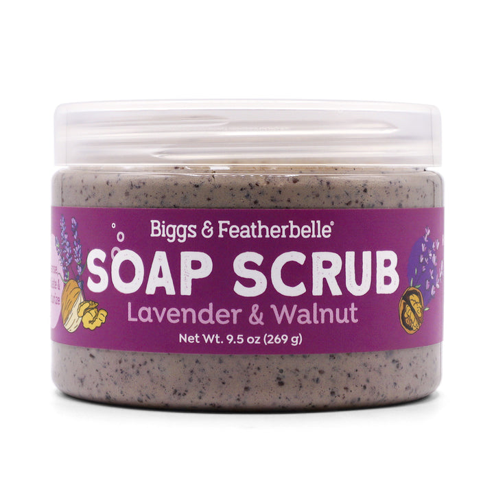 Jar of Lavender & Walnut Soap Scrub with purple label on a white background