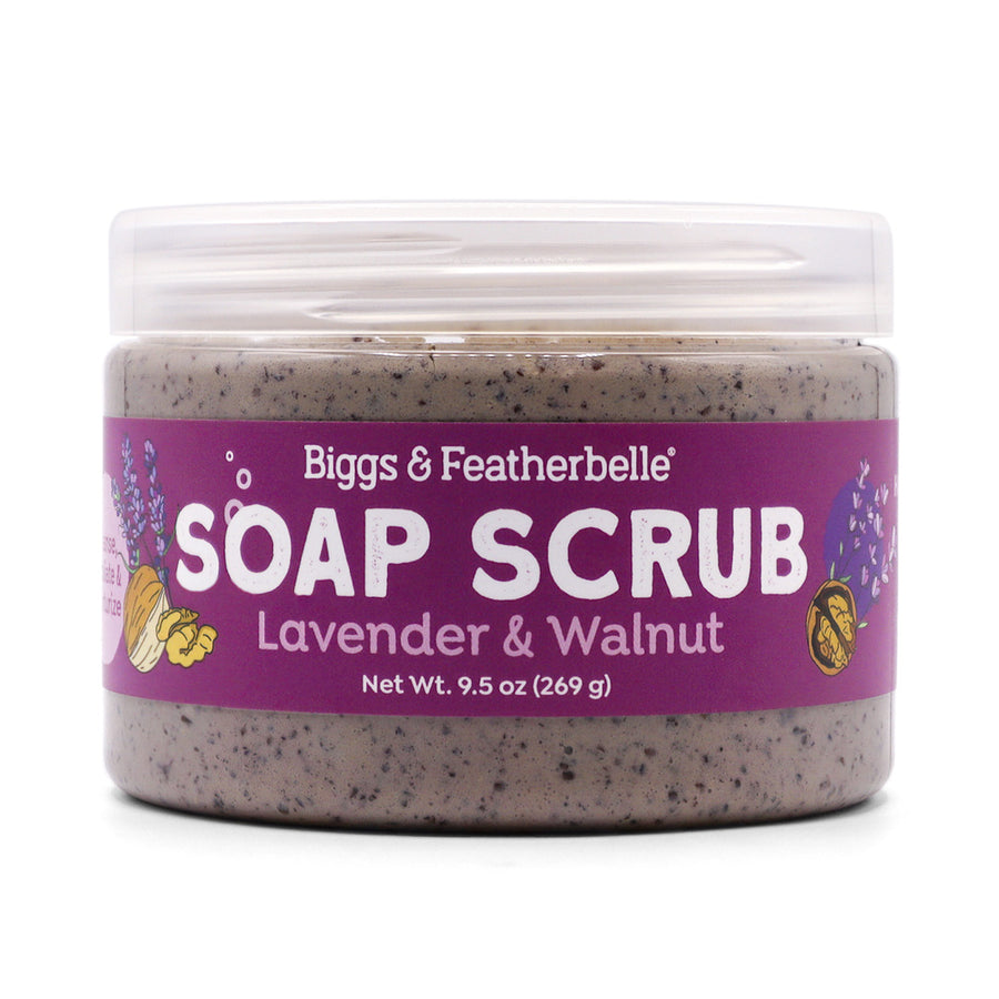 Jar of Lavender & Walnut Soap Scrub with purple label on a white background