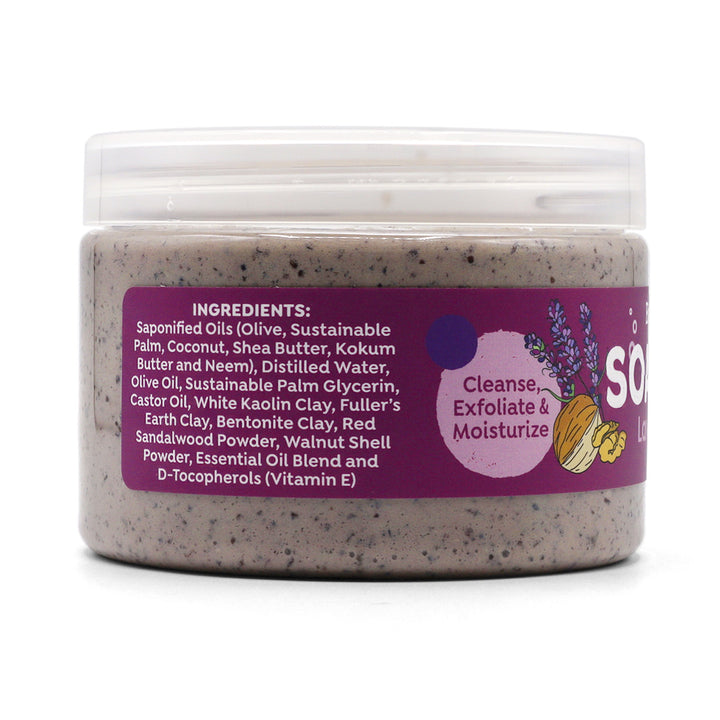 Ingredient label side of Lavender & Walnut jar on a white background