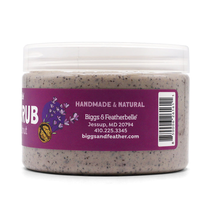 Barcode label side of Lavender & Walnut jar on a white background