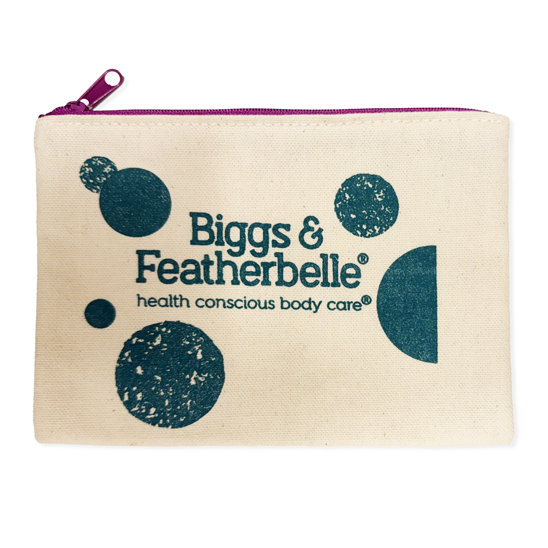 Beige pouch with blue circular designs and &