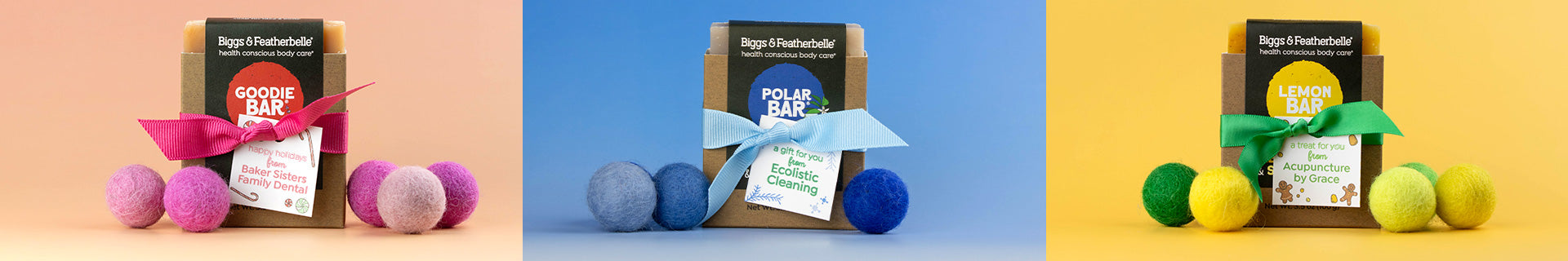 Three product images with colorful balls and packaging on a gradient background