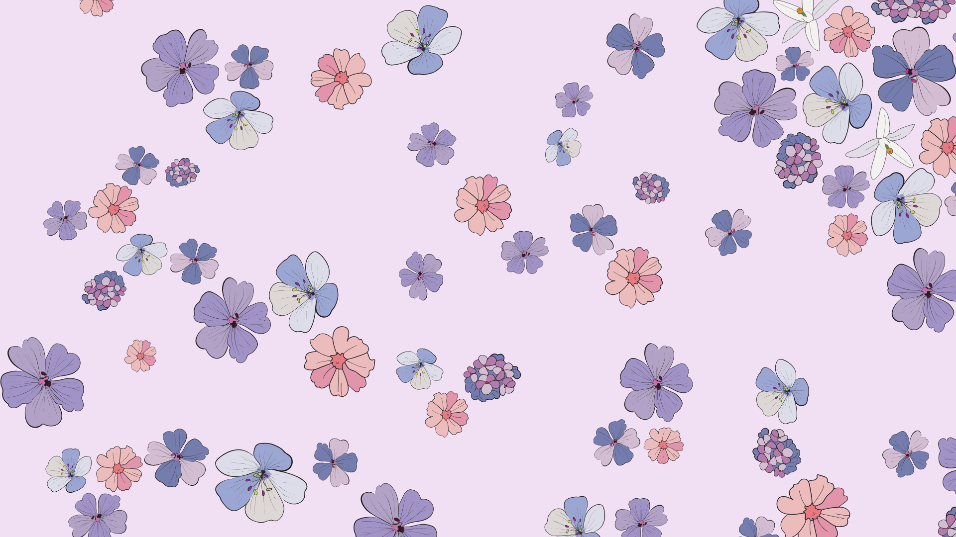 Pattern of small colorful flowers on a light purple background