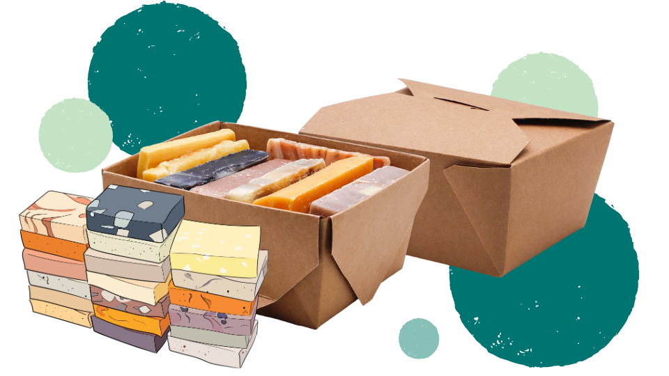 Cardboard box stuffed full of soap with colorful dots on a white background