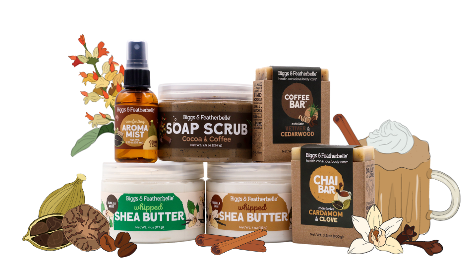 Collection of natural products including soap, scrub, and coffee bar on a white background