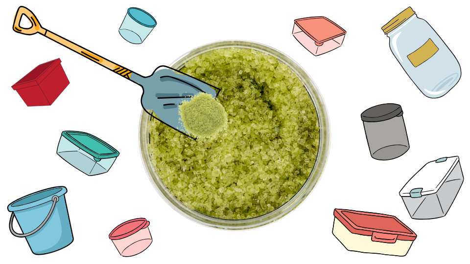 Illustration of a jar of green scrub with a scoop, surrounded by various containers and items.