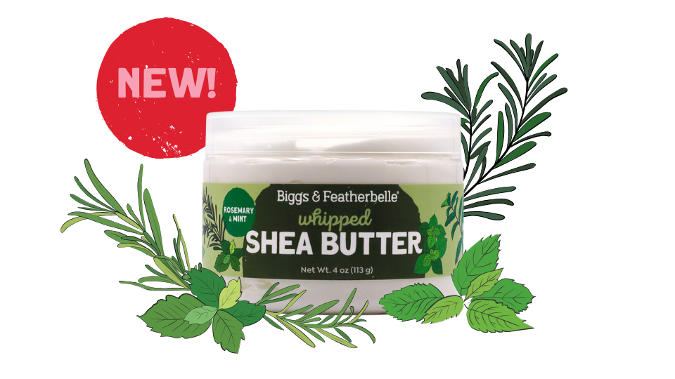 Biggs & Featherbelle whipped shea butter with green leaves and a 'New!' label on a white background